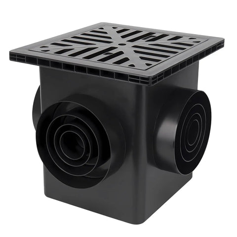 Catch Basin Kit 12x12 With Debris Basket And Grating Square Storm Drain Four Outlet Drainage Box For Lawns And Landscapes