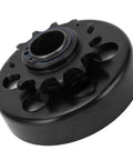 Built Tough Heavy Duty Centrifugal Clutch With One Inch Bore And Thirteen Teeth For Mini Bikes Go Karts And Small Gas Engines Grabs Hard At Two Thousand Three Hundred RPM For Rock Solid Power Transfer And Zero Slip Action Every Time You Ride, close-up view of the black clutch.