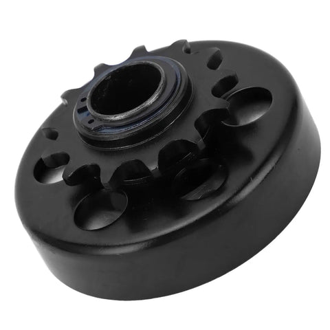 Built Tough Heavy Duty Centrifugal Clutch With One Inch Bore And Thirteen Teeth For Mini Bikes Go Karts And Small Gas Engines Grabs Hard At Two Thousand Three Hundred RPM For Rock Solid Power Transfer And Zero Slip Action Every Time You Ride, close-up view of the black clutch.