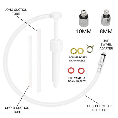 Lower Unit Gear Lube Pump For Boat Outboard Motors With Twenty Eight Millimeter Cap And Standard Quart Bottle Three Eighth Inch Swivel Adapter Fits Most American Made Outboards Gearcase Oil Transfer Tool with adapters visible