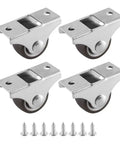 4 Piece Mini Casters 25Mm Furniture Wheels Heavy Duty Roller Replacement Hardware For Cabinets Desks And Storage Carts with silver steel base and rubber tire.