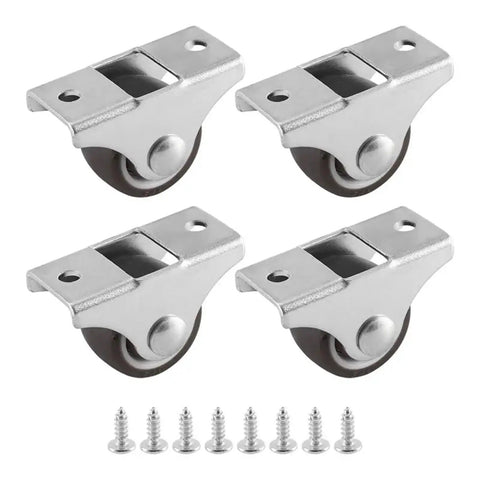 4 Piece Mini Casters 25Mm Furniture Wheels Heavy Duty Roller Replacement Hardware For Cabinets Desks And Storage Carts with silver steel base and rubber tire.