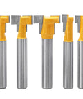 Five Piece T Slot Router Bit Set With 1/4 Inch Shank Keyhole Track Cutters, C3 Carbide Blades, 5/16 to 5/8 Inch Slots