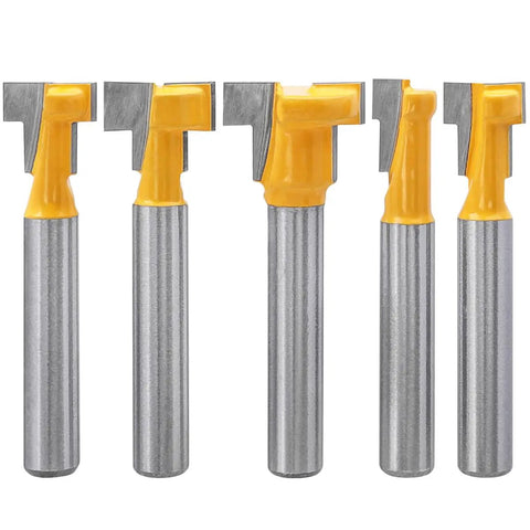 Five Piece T Slot Router Bit Set With 1/4 Inch Shank Keyhole Track Cutters, C3 Carbide Blades, 5/16 to 5/8 Inch Slots