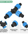 10 Pack Drip Irrigation Barbed Locking Fittings For 5/8 Inch (16mm) Tubing, 3 Way Tee Coupling with blue locking caps