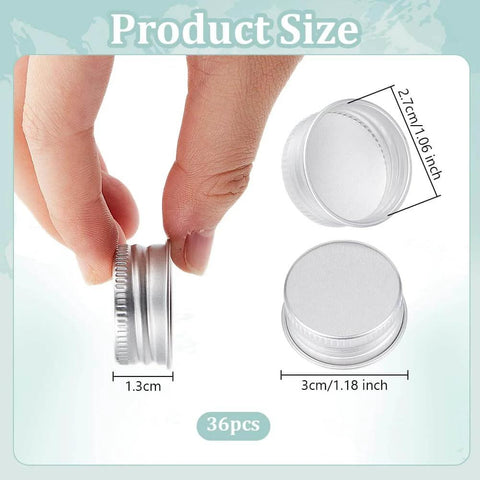 36 Pack Silver Aluminum Seal Screw Caps for Round Steel Tins with Plastisol PE Liner, shown in hand and measurements displayed.