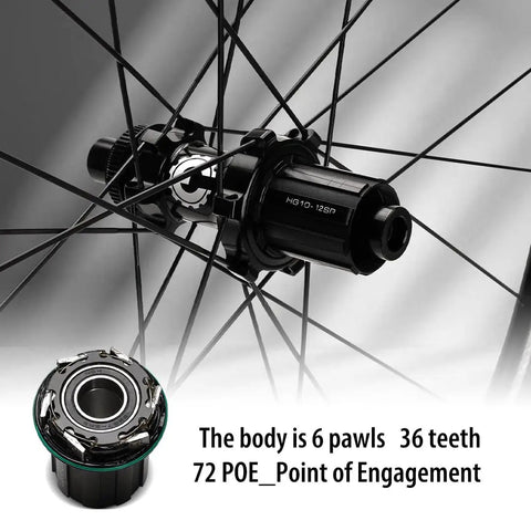 Close-up of hub with 6 pawls, 36 teeth, 72 POE on Gravel Wheelset With 35mm Depth And 25mm Inner Width, Tubeless Ready 700C Disc Brakes