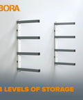 Heavy Duty Four Tier Lumber Storage Rack For Garage And Workshop Space Saving Metal Board Shelf For Plywood Pipes And Building Materials White Gray, wall mount with four levels.