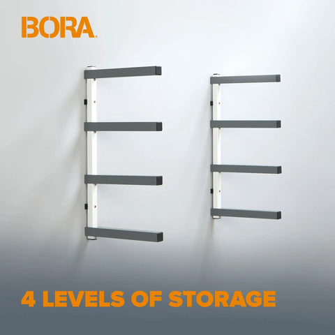 Heavy Duty Four Tier Lumber Storage Rack For Garage And Workshop Space Saving Metal Board Shelf For Plywood Pipes And Building Materials White Gray, wall mount with four levels.