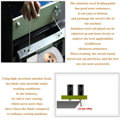 Close-up of semi automatic PCB cutting machine with sturdy frame, cutting lead wires and board pins with sharp blade after soldering.