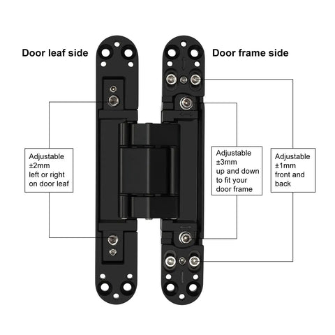 Two Pack 7 Inch Hidden Door Hinges In Black Finish, Modern Contemporary, Zinc Alloy And Aluminum With Hardware, 3D Adjustable