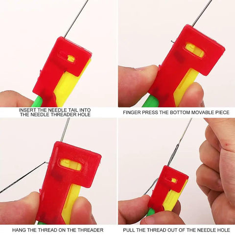 4-step usage guide of 3Pcs Automatic Needle Threader Set for Hand Sewing Easy No Fuss Threading Device for Small Eye Needles Ideal for DIY Embroidery