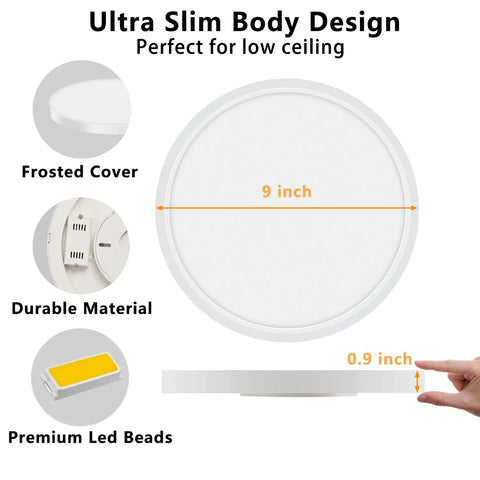 Low Profile 9 Inch Flush Mount LED Ceiling Light Fixture, 18W 5000K Daylight, ultra-slim design with frosted cover and premium LED beads
