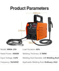250A Arc Welder Inverter 110V 220V Dual Voltage Workhorse Welding Machine with dimensions and specifications shown