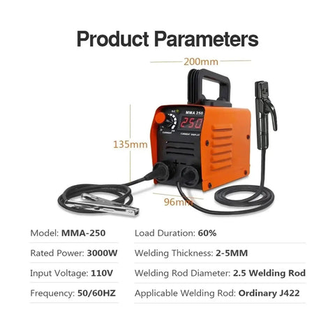 250A Arc Welder Inverter 110V 220V Dual Voltage Workhorse Welding Machine with dimensions and specifications shown