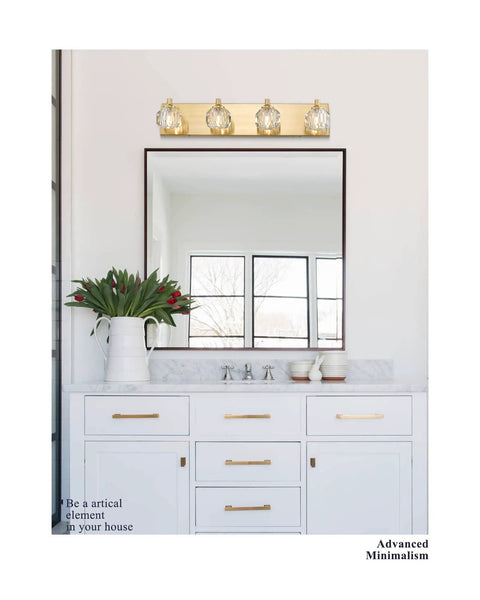 Crystal Vanity Light Four Light Gold Bathroom Fixture With G9 Bulb Compatibility above mirror in modern bathroom setting