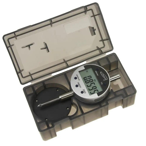 Digital Electronic Indicator Gauge 0 To 1 Inch With 0.0005 Inch Resolution Absolute And Incremental Modes Inch To Metric Conversion Includes Four Probes Carbide Ball Large Flat Small Flat Point Large LCD Display Flat Back Or Lug Back in case