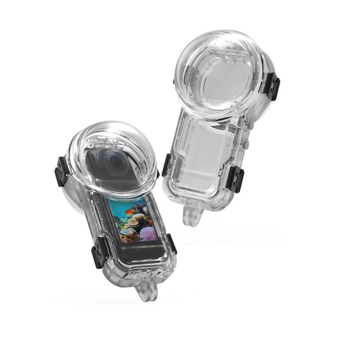 60M Professional Waterproof Case For Insta360 X5 With Full Accessory Pack displayed at different angles against white background.