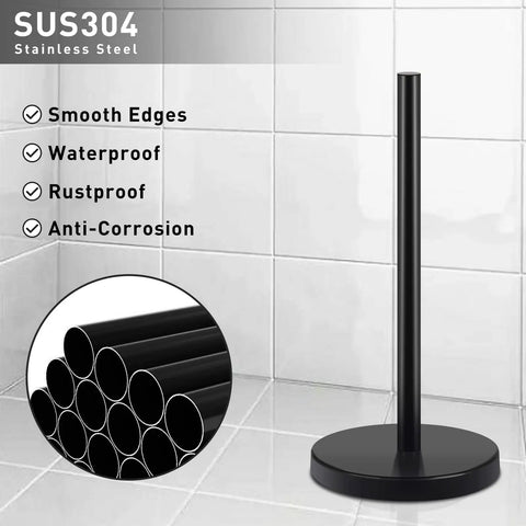 Premium 304 Stainless Steel Toilet Paper Holder With Three Roll Capacity Matte Black Freestanding Stand shown in bathroom.