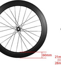 Side and front view of 60mm depth T800 carbon wheelset for road bikes 700C with through axle disc brakes and locking hub