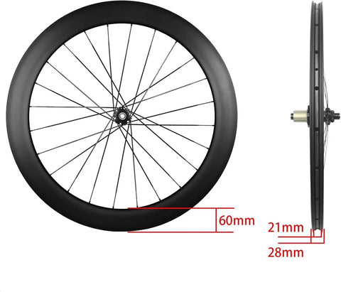 Side and front view of 60mm depth T800 carbon wheelset for road bikes 700C with through axle disc brakes and locking hub