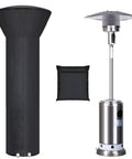 Heavy Duty Patio Heater Cover With Zipper And Storage Bag Waterproof Dustproof Wind Resistant Snow Resistant Sunlight Resistant Weatherproof All Weather Protection Black 89 Inch Tall Dome 33 Inch Base next to uncovered heater and storage bag
