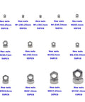 Assorted 570 Piece Metric Hex Nut Set M1 To M10 with sizes and quantity displayed, 304 stainless steel, for DIY projects and automotive fixes