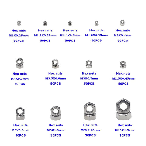 Assorted 570 Piece Metric Hex Nut Set M1 To M10 with sizes and quantity displayed, 304 stainless steel, for DIY projects and automotive fixes