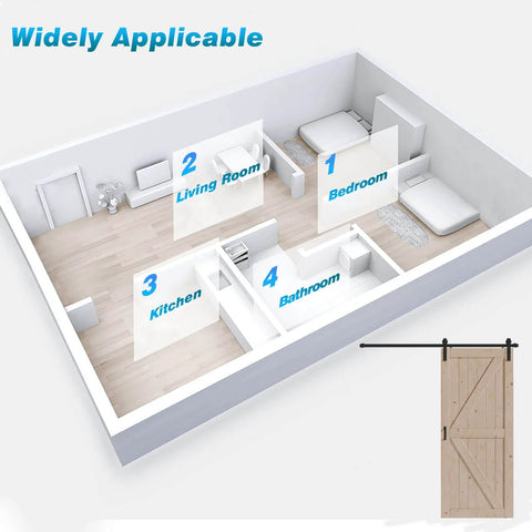 Diagram showing room layout for 36 Inch By 84 Inch Wood Barn Door With Six Point Six Feet Hardware Kit Included K Shape Solid Spruce Panel Interior Sliding Door
