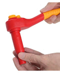 Badass Insulating Wrench Socket Set For Garage Rigs And EV Repair Tools With Sturdy Vinyl Coated Drives and Secure Snap Case, showing red insulated wrench handle and socket.