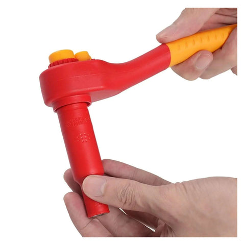 Badass Insulating Wrench Socket Set For Garage Rigs And EV Repair Tools With Sturdy Vinyl Coated Drives and Secure Snap Case, showing red insulated wrench handle and socket.