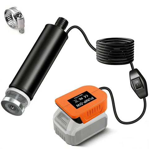 Smooth Operator Cordless Submersible Utility Pump Adapter For Dewalt 20V Batteries, black body, spiral cord, battery connection.