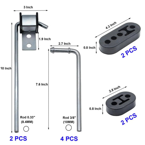 Beefed Up Exhaust Hanger Rod Set Kit with 10in and 7.6in rods, adjustable rubber muffler hangers, clamps, flanges