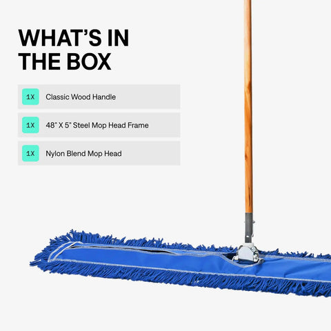 No Sweat Heavy Duty Commercial Floor Sweeper With A Slick Forty Eight Inch Reusable Washable Dust Mop Head And Sturdy Wooden Handle for cleaning.
