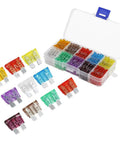 100 Piece Standard Blade Fuse Kit For Auto And Marine, 5A To 50A Assortment, clear case with colored fuses displayed