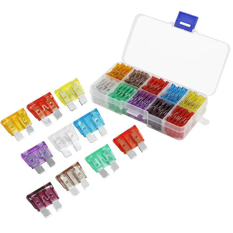 100 Piece Standard Blade Fuse Kit For Auto And Marine, 5A To 50A Assortment, clear case with colored fuses displayed