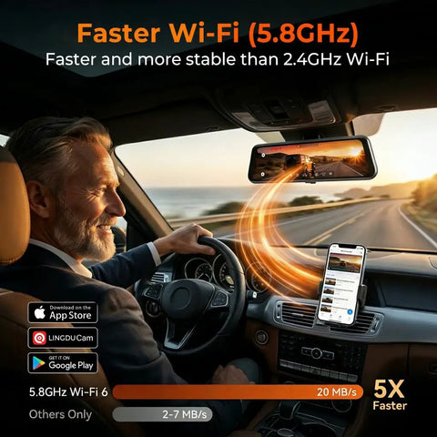 Driver using 12 Inch Mirror Dash Cam With Crystal Clear 4K UHD Front And 2.5K Rear, Game Changing ADAS Warnings, GPS, with 5.8GHz WiFi