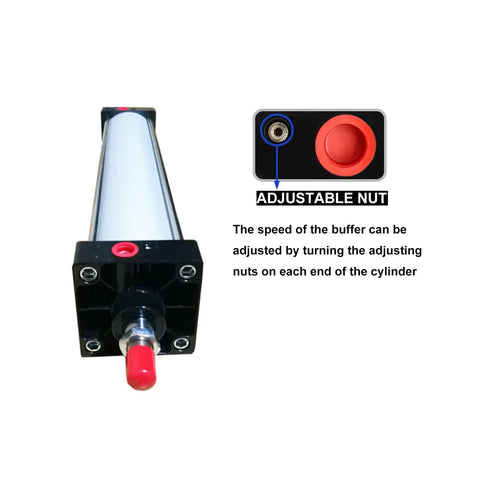 Tough As Nails Aluminum Pneumatic Cylinder 4 Inch Bore 18 Inch Stroke with adjustable nut detail and speed description
