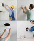 Four images showing installation of Round White Plastic Access Panels Feature Secure Spring Clips For A Snappy DIY Install Measuring Six Point Five Inches Across.