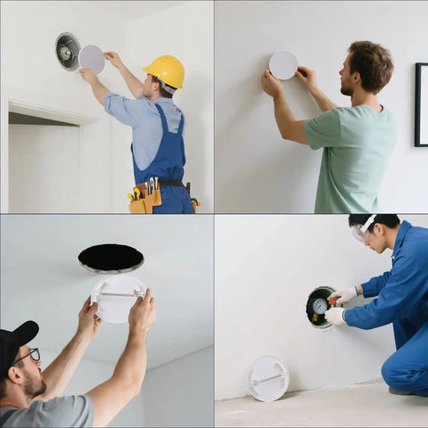 Four images showing installation of Round White Plastic Access Panels Feature Secure Spring Clips For A Snappy DIY Install Measuring Six Point Five Inches Across.