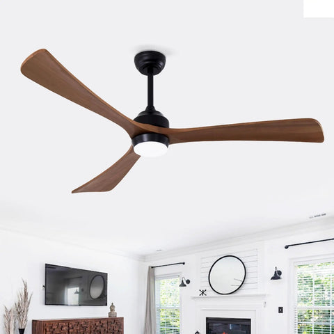 Neojoyoenix 62" 3PCS Solid Wood Blades Ceiling Fan with Lights Remote Control, modern black ceiling fan in a stylish living room.
