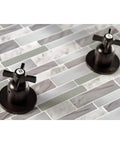 Millennium Double-Handle Tub And Shower Faucet In Polished Brass, wall-mount installation shown on tiled background