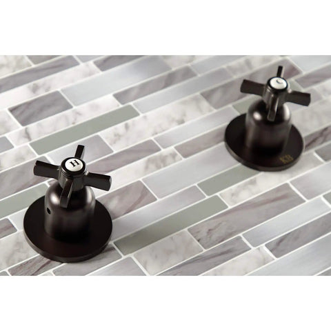 Millennium Double-Handle Tub And Shower Faucet In Polished Brass, wall-mount installation shown on tiled background