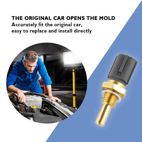 Close-up of engine coolant temperature sensor with brass stem and gray plastic connector; mechanic inspecting engine in background.