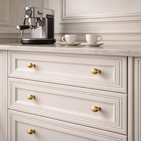 10 Pack Oval Champagne Bronze Cabinet Knobs And Furniture Pulls Single Hole Hardware Handle For Kitchen Cabinets Cupboards Dressers And Wardrobes Great For Modern Homes And Rustic Styles Easy Install Durable Finish on white kitchen drawers.