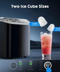 Zero Drama Rapid Freeze Bullet Ice Maker With Six Minute Quick Chill Cycle with large and small ice cube sizes displayed.