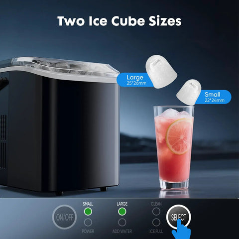 Zero Drama Rapid Freeze Bullet Ice Maker With Six Minute Quick Chill Cycle with large and small ice cube sizes displayed.