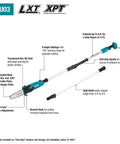 Diagram showing features of 18V LXT Brushless Cordless Extendable Pole Saw With 14 Ft Reach, 9 Angle Settings, Split Shaft Design.