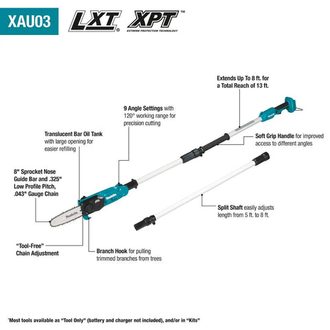 Diagram showing features of 18V LXT Brushless Cordless Extendable Pole Saw With 14 Ft Reach, 9 Angle Settings, Split Shaft Design.