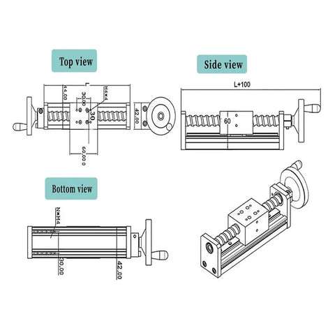 Manual Sliding Table With Ball Screw For Pro Grade Linear Motion 50 To 1000mm Stroke SFU1204 Ball Screw MGW12C Single Rail Guide Heavy Duty Precision Table For CNC Milling And Accurate Travel, technical drawing top and side views